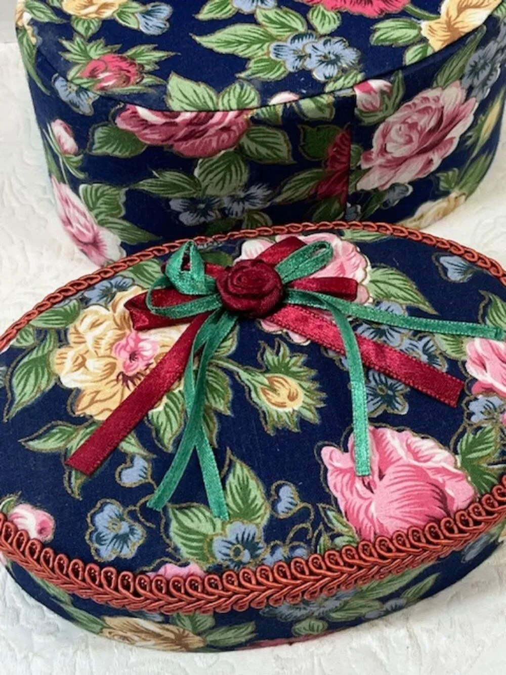 VTG Oval 2-Piece Floral Padded Fabric-Covered Storage Trinket Sewing JewelryBox